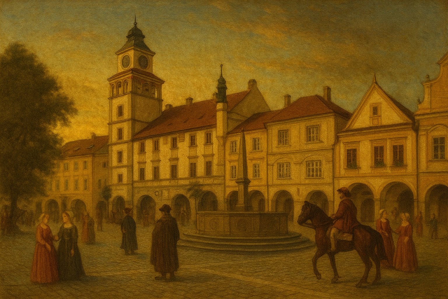 Historické srdce Třeboně s radnicí, kašnou a podloubím